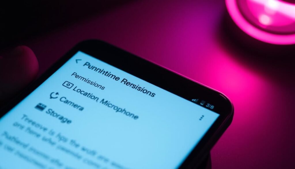 A detailed close-up view of an Android smartphone screen displaying the "Runtime Permissions" dialogue. Soft, diffused lighting illuminates the screen, creating a clean, minimalist aesthetic. The dialogue box prominently features various permission categories such as Location, Camera, Microphone, and Storage, with clear icons and descriptions. The background is subtly blurred, keeping the focus on the permission management interface. The overall mood conveys a sense of transparency and user control over their app's access to device features and data.