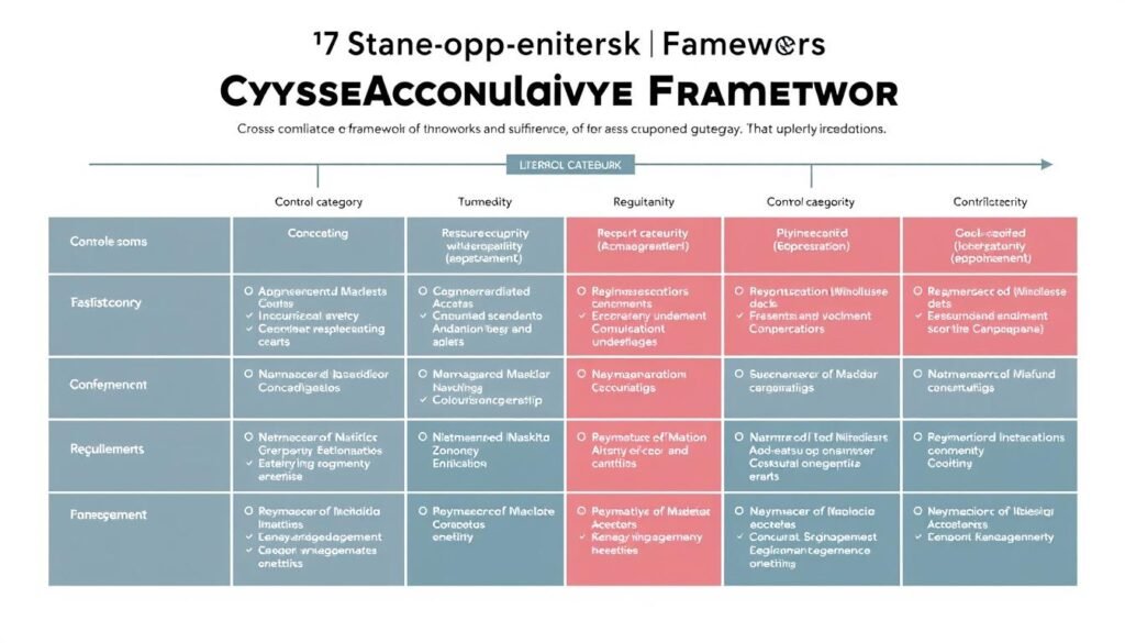 A detailed cross-compliance mapping chart, showcasing the alignment of top cybersecurity frameworks. The chart features a clean, minimalist aesthetic with distinct sections highlighting the overlapping controls and requirements. The background is a soft, muted color, allowing the data visualization to take center stage. The layout is well-organized, with clear delineation between the framework names, control categories, and specific requirements. The overall composition conveys a sense of organization, clarity, and technical precision, reflecting the subject matter of unified security standards. A detailed cross-compliance mapping chart, showcasing the alignment of top cybersecurity frameworks. The chart features a clean, minimalist aesthetic with distinct sections highlighting the overlapping controls and requirements. The background is a soft, muted color, allowing the data visualization to take center stage. The layout is well-organized, with clear delineation between the framework names, control categories, and specific requirements. The overall composition conveys a sense of organization, clarity, and technical precision, reflecting the subject matter of unified security standards.