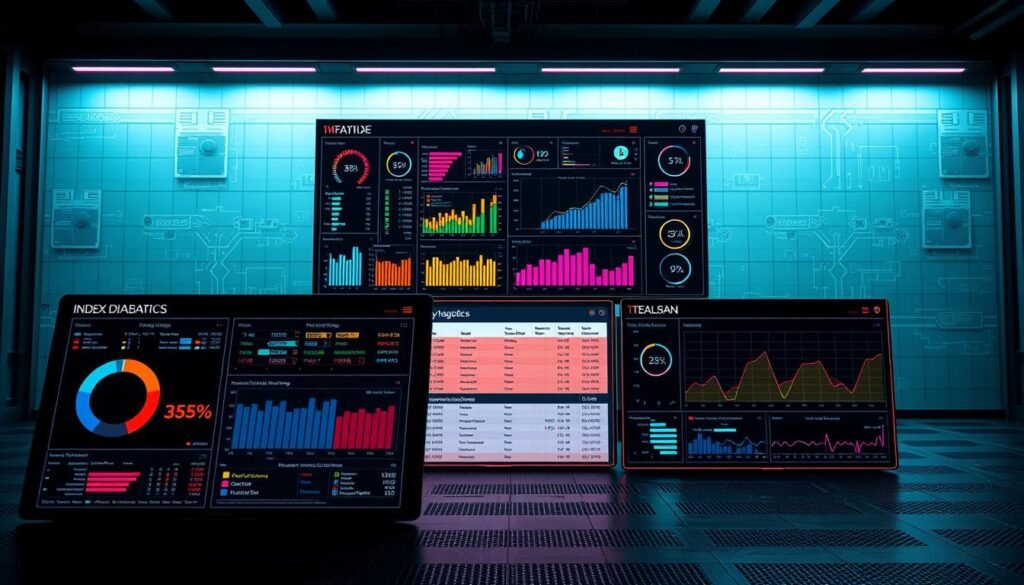 A detailed data visualization dashboard showcasing comprehensive index diagnostics on a large database. In the foreground, a sleek, modern interface displays various metrics and statistics related to index performance, table sizes, and query optimization. Colorful charts, graphs, and visualizations provide deep insights at a glance. The middle ground features a clean, minimalist UI with clear labels and intuitive navigation, allowing seamless exploration of index health. In the background, a subtle, technical backdrop evokes a sense of data-driven sophistication, with subtle grid patterns and soft, muted tones complementing the crisp, high-contrast visuals. Dramatic, directional lighting casts dramatic shadows, emphasizing the precision and depth of the index diagnostics.