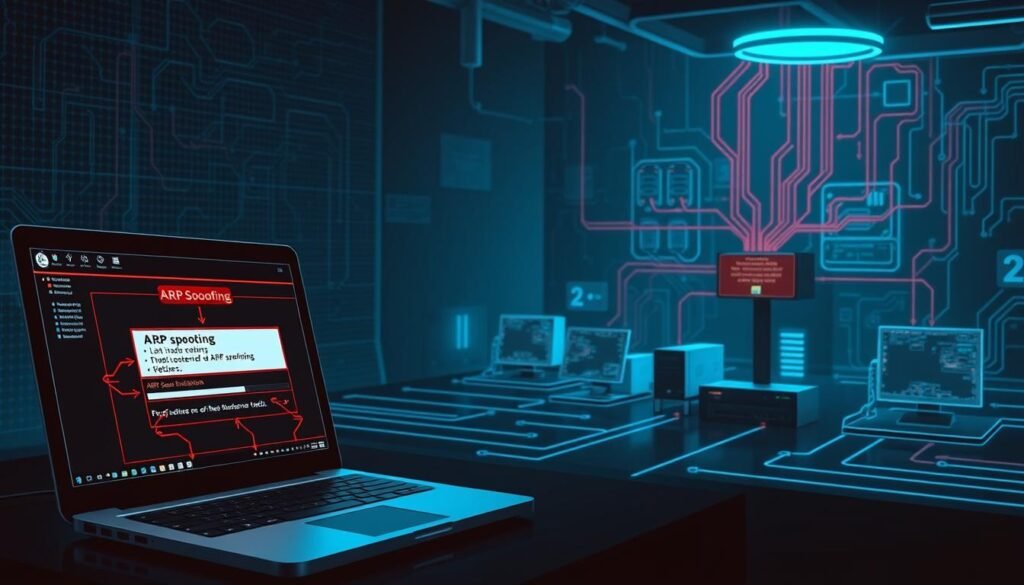 A detailed diagram depicting an ARP spoofing attack. In the foreground, a laptop connected to a network, its screen showing the ARP poisoning process, with arrows illustrating the redirection of network traffic. In the middle ground, a series of connected devices, including desktops, servers, and routers, representing the compromised network. The background showcases a dimly lit, techno-inspired environment, with a subtle grid pattern and glowing circuit board-like elements, conveying the technical complexity of the attack. The scene is illuminated by a cool, blueish light, creating a sense of tension and vulnerability. The overall composition should clearly communicate the mechanics of an ARP spoofing attack and its potential impact on a network.