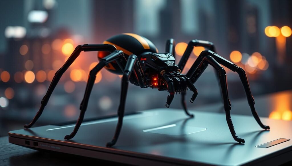 A detailed, high-resolution image of an AJAX spider, an advanced web application vulnerability scanner tool. The spider is depicted in the foreground, rendered in a realistic, lifelike style with intricate mechanical details. The spider is perched on a sleek, modern laptop computer, symbolizing its role in automated web application testing. The background features a blurred, minimalist cityscape, conveying a sense of the web application's broader context. The lighting is dramatic, with a warm, focused glow illuminating the spider, creating a sense of importance and technical sophistication. The overall mood is one of power, precision, and the relentless pursuit of web application security. A detailed, high-resolution image of an AJAX spider, an advanced web application vulnerability scanner tool. The spider is depicted in the foreground, rendered in a realistic, lifelike style with intricate mechanical details. The spider is perched on a sleek, modern laptop computer, symbolizing its role in automated web application testing. The background features a blurred, minimalist cityscape, conveying a sense of the web application's broader context. The lighting is dramatic, with a warm, focused glow illuminating the spider, creating a sense of importance and technical sophistication. The overall mood is one of power, precision, and the relentless pursuit of web application security.