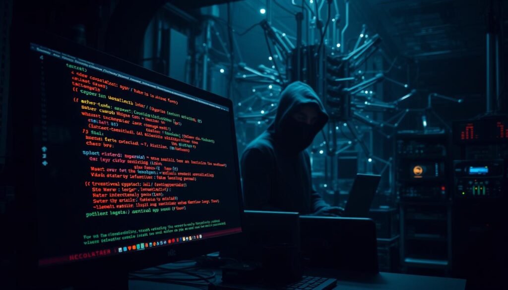 A detailed, highly technical scene depicting cross-site scripting (XSS) in action. In the foreground, a computer screen displays a malicious script executed through an unsanitized web form, with colorful glyphs and code fragments cascading across the display. In the middle ground, a shadowy hacker figure manipulates the system, their face obscured, while in the background, a network of interconnected devices and servers represents the broader infrastructure vulnerable to XSS attacks. The lighting is stark and dramatic, casting sharp contrasts and emphasizing the gravity of the security breach. The overall atmosphere conveys the persistent threat of XSS and the need for vigilance in web application security. A detailed, highly technical scene depicting cross-site scripting (XSS) in action. In the foreground, a computer screen displays a malicious script executed through an unsanitized web form, with colorful glyphs and code fragments cascading across the display. In the middle ground, a shadowy hacker figure manipulates the system, their face obscured, while in the background, a network of interconnected devices and servers represents the broader infrastructure vulnerable to XSS attacks. The lighting is stark and dramatic, casting sharp contrasts and emphasizing the gravity of the security breach. The overall atmosphere conveys the persistent threat of XSS and the need for vigilance in web application security.