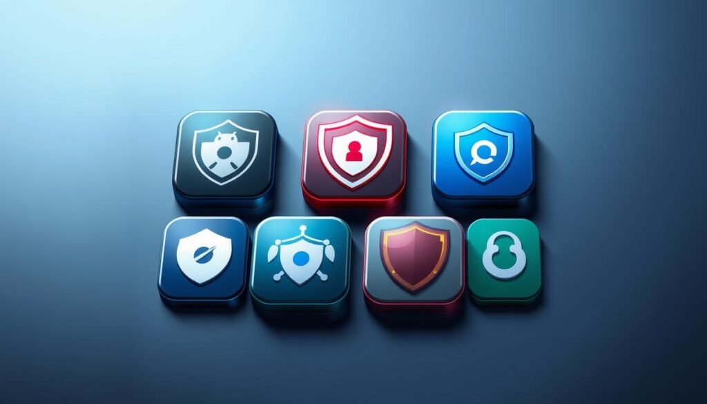 A detailed illustration of several Android antivirus app icons arranged on a sleek, minimalist background. The icons are rendered with a clean, crisp aesthetic, showcasing their key features and functionality. The lighting is soft and diffused, creating a sense of depth and dimensionality. The composition is balanced and symmetrical, with the icons positioned at different angles to add visual interest. The overall mood is professional, authoritative, and trustworthy, conveying the reliability and effectiveness of the featured antivirus solutions. A detailed illustration of several Android antivirus app icons arranged on a sleek, minimalist background. The icons are rendered with a clean, crisp aesthetic, showcasing their key features and functionality. The lighting is soft and diffused, creating a sense of depth and dimensionality. The composition is balanced and symmetrical, with the icons positioned at different angles to add visual interest. The overall mood is professional, authoritative, and trustworthy, conveying the reliability and effectiveness of the featured antivirus solutions.