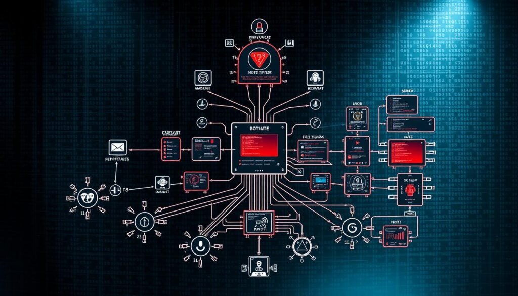 A detailed, multi-layered schematic diagram depicting the lifecycle of a botnet, rendered with a technical, cybersecurity-themed aesthetic. In the foreground, a series of interconnected nodes representing infected devices, each with a distinct icon or symbol. In the middle ground, a central command and control server orchestrating the network, surrounded by visualizations of data flow, network traffic, and system monitoring. In the background, a abstract grid or matrix pattern, hinting at the vast scale and complexity of the underlying infrastructure. The lighting is harsh and directional, creating strong shadows and highlights to convey a sense of technical precision. The overall tone is serious, clinical, and ominous, fitting the sensitive subject matter. A detailed, multi-layered schematic diagram depicting the lifecycle of a botnet, rendered with a technical, cybersecurity-themed aesthetic. In the foreground, a series of interconnected nodes representing infected devices, each with a distinct icon or symbol. In the middle ground, a central command and control server orchestrating the network, surrounded by visualizations of data flow, network traffic, and system monitoring. In the background, a abstract grid or matrix pattern, hinting at the vast scale and complexity of the underlying infrastructure. The lighting is harsh and directional, creating strong shadows and highlights to convey a sense of technical precision. The overall tone is serious, clinical, and ominous, fitting the sensitive subject matter.