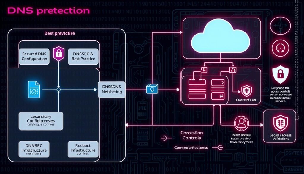 A detailed schematic diagram of a DNS prevention system, with a focus on security measures and best practices. In the foreground, a network diagram showcases secured DNS configuration, including DNSSEC, DNS firewalling, and comprehensive monitoring. In the middle ground, cloud infrastructure and services are depicted, with robust access controls and security validations. The background features a subtle, technical atmosphere with binary code, hardware schematics, and cybersecurity symbols, conveying a sense of vigilance and proactive defense against DNS-based attacks. A detailed schematic diagram of a DNS prevention system, with a focus on security measures and best practices. In the foreground, a network diagram showcases secured DNS configuration, including DNSSEC, DNS firewalling, and comprehensive monitoring. In the middle ground, cloud infrastructure and services are depicted, with robust access controls and security validations. The background features a subtle, technical atmosphere with binary code, hardware schematics, and cybersecurity symbols, conveying a sense of vigilance and proactive defense against DNS-based attacks.