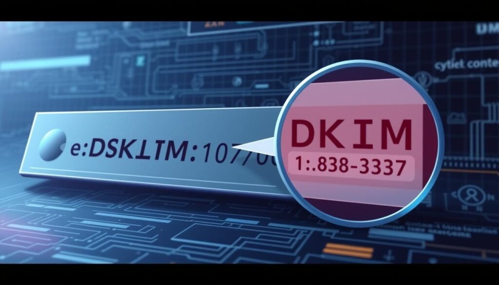A detailed technical illustration of a DKIM (DomainKeys Identified Mail) digital signature, showcasing its components and functionality. The foreground depicts the DKIM signature structure, with the domain name, timestamp, and cryptographic hash prominently displayed. The middle ground includes a magnified view of the digital signature, highlighting the encryption process and secure connection to the email server. The background features a subtle grid pattern, conveying a sense of precision and technological sophistication. The lighting is soft and directional, creating depth and emphasizing the intricate details. The overall mood is one of professionalism and trustworthiness, reflecting the crucial role of DKIM in email authentication and content integrity.