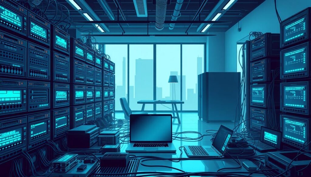 A detailed, technical illustration of network security in a modern office setting. A sprawling network of servers, routers, and security devices occupies the foreground, bathed in a cool, blue-green glow from glowing screens and LED indicators. In the middle ground, a laptop and smartphone are connected to the network, highlighting the importance of endpoint security. The background features a clean, minimalist office interior with large windows allowing natural light to filter in, creating a sense of balance between technology and the physical workspace. The scene conveys a sleek, sophisticated atmosphere of robust network infrastructure safeguarding remote connectivity.