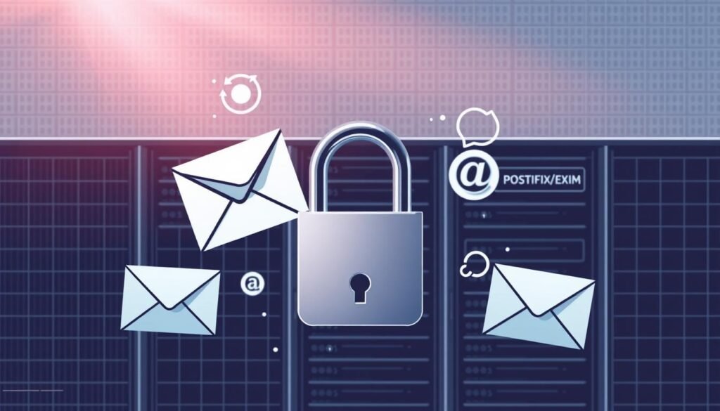 A detailed technical illustration of the SPF and DKIM email authentication protocols. In the foreground, a classic padlock icon represents secure authorization, surrounded by overlapping email envelopes and authentication symbols. The middle ground depicts a server rack with Postfix/Exim logos, conveying the enterprise-grade email infrastructure. In the background, a minimalist grid pattern suggests the underlying technical complexity. The overall mood is one of robust security and administrative control, captured through a clean, high-contrast aesthetic with subtle gradients and dramatic lighting from the top-left.