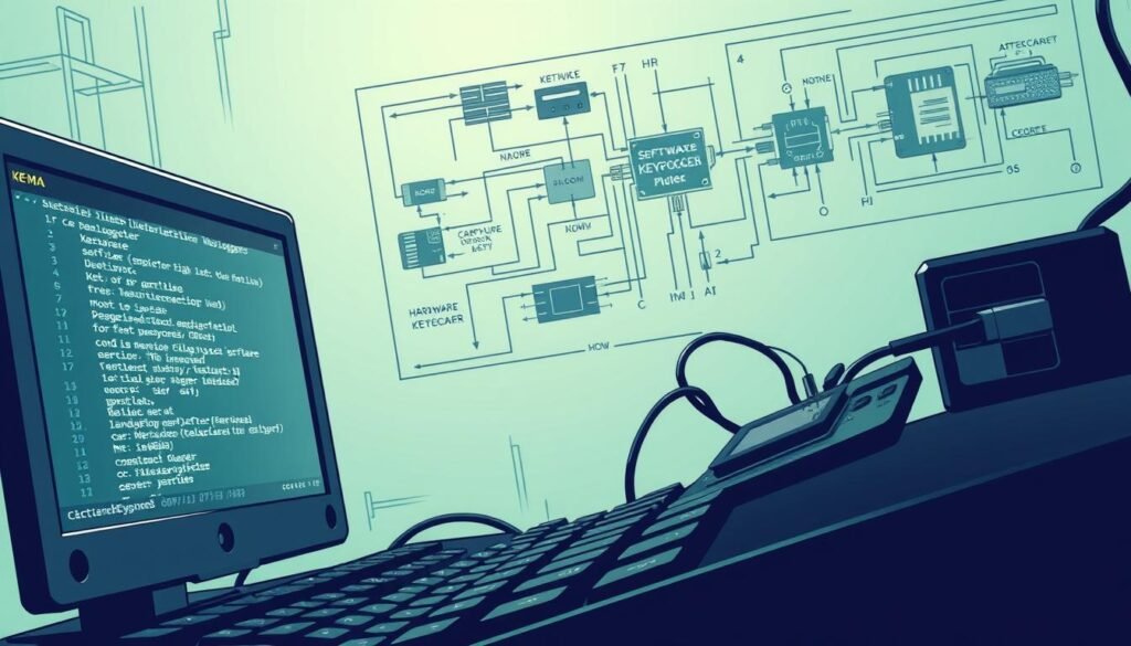 A detailed technical illustration showcasing different types of keyloggers. In the foreground, a software keylogger program running on a computer screen, its interface displaying captured keystrokes. In the middle ground, a compact hardware keylogger device plugged into a keyboard port. In the background, a schematic diagram explaining the internal components and mechanisms of both software and hardware keyloggers. Rendered with a technical, engineering-inspired aesthetic using precise linework, muted colors, and subtle shadows to convey a sense of analytical professionalism. Optimal lighting and camera angle to clearly display the various keylogger elements.