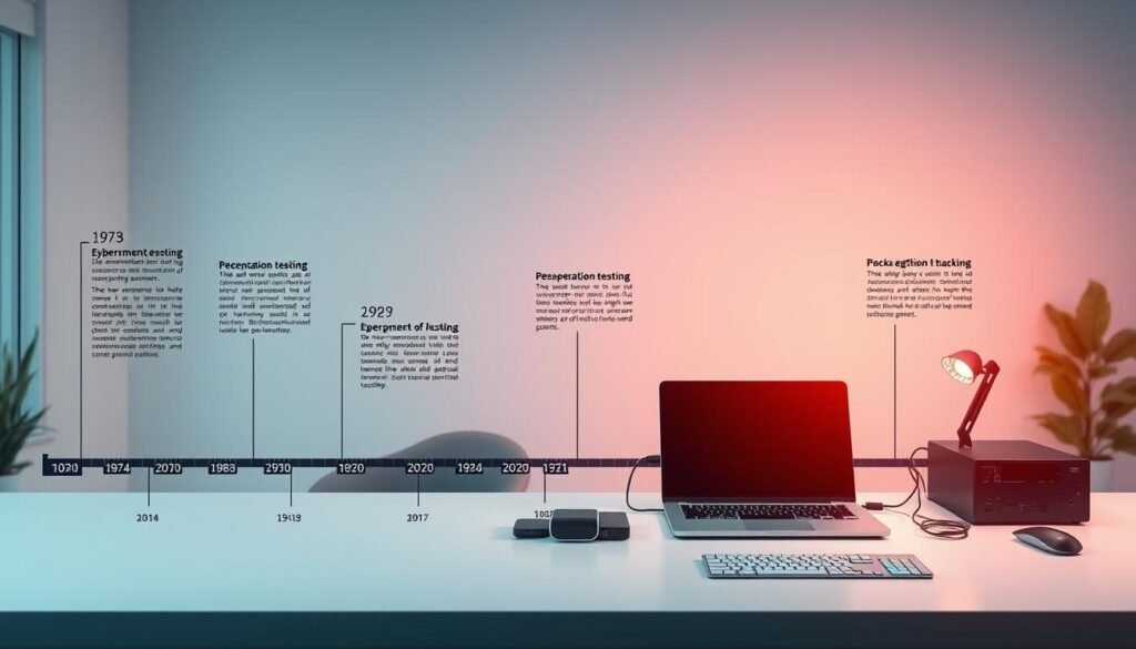 A detailed timeline depicting the evolution of ethical hacking practices over the years, showcased against a backdrop of a serene, minimalist workspace. The foreground features a stylized representation of key milestones, including the emergence of cybersecurity, the rise of penetration testing, and the development of hacking methodologies. The middle ground showcases a sleek, modern desktop setup with a laptop, tablet, and various networking devices, symbolizing the tools and technologies used by ethical hackers. The background is a softly lit, clean-lined office environment, conveying a sense of professionalism and focus. The overall composition strikes a balance between the technical aspects of ethical hacking and the thoughtful, analytical approach required for this discipline.