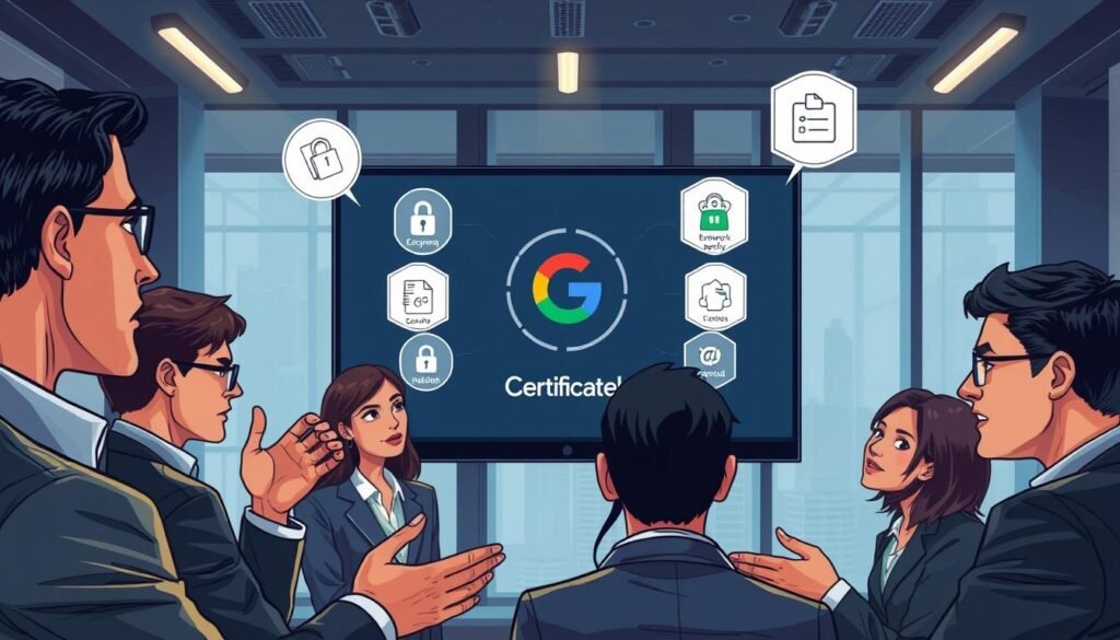 A detailed, well-lit illustration depicting cybersecurity professionals providing feedback on the Google Cybersecurity Certificate. In the foreground, a group of professionals in business attire are gesturing and engaged in discussion, their facial expressions conveying a mix of praise and concerns. In the middle ground, a large monitor displays the Google Cybersecurity Certificate logo, surrounded by floating icons representing key topics like encryption, network security, and data protection. In the background, a sleek, modern office setting with floor-to-ceiling windows, creating a sense of professionalism and authority. The overall scene conveys a thoughtful, balanced evaluation of the certification program from the perspective of experienced cybersecurity experts.