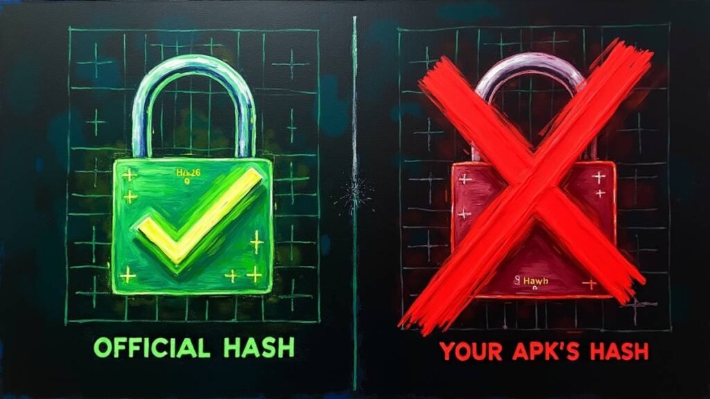 Is Your APK Safe? 7 Essential Checks Before You Install 3 A diagram comparing a matching official file hash with a non-matching hash from a tampered APK file