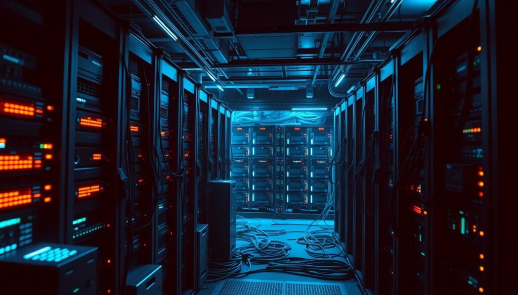 A digital fortress of transport layer security protocols, with TLS handshakes, cryptographic ciphers, and secure connections forged in the foreground. In the middle ground, a complex network of server nodes, cables, and hardware appliances, illuminated by the glow of status indicators. The background features a darkened data center, with racks of servers and network gear shrouded in an atmosphere of vigilance and technical precision. The scene is bathed in a cool, blue-tinted lighting, conveying the serious, no-nonsense tone of a hardened email server infrastructure, protected by the latest advancements in secure network communication.