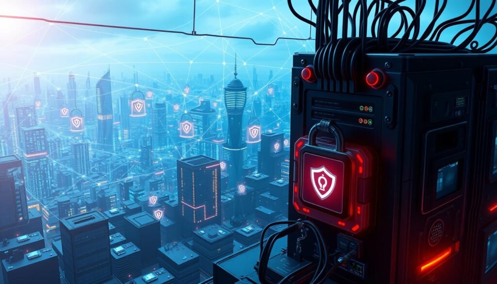 A digital fortress protecting a network from malvertising threats, with a solid foundation of security measures and vigilant monitoring. In the foreground, a sturdy firewall stands guard, its intricate circuitry and glowing indicators signaling its readiness. In the middle ground, an array of endpoint protection agents scan for suspicious activity, their diagnostic displays providing real-time insights. The background features a cityscape of interconnected devices, each shielded by a web of encrypted connections, safeguarding against the infiltration of malicious advertisements. The scene is bathed in a cool, futuristic glow, conveying a sense of technological sophistication and unwavering resilience against the ever-evolving landscape of digital threats.