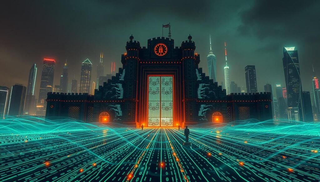 A digital fortress standing tall, its gleaming gates and robust defenses guarding against the looming threat of a Trojan horse. Intricate patterns of binary code swirl in the foreground, a visual symphony of cybersecurity. In the middle ground, a vigilant security team monitors the network, their keen eyes scanning for any signs of malicious activity. The background is a dimly lit, futuristic cityscape, its towering skyscrapers a testament to the ever-evolving digital landscape. Soft, warm lighting illuminates the scene, conveying a sense of reassurance and resilience in the face of potential danger.