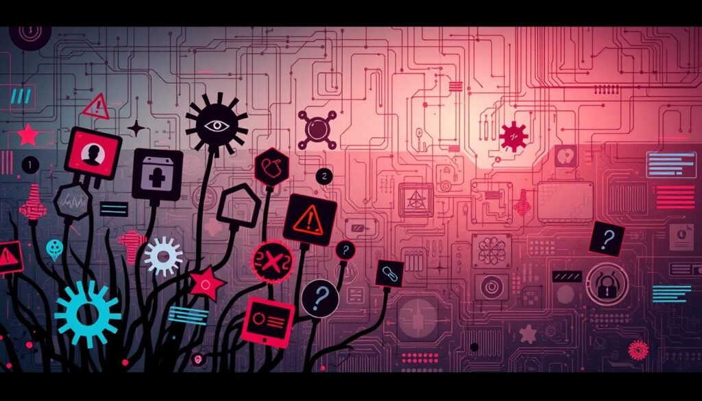 A digital illustration depicting a variety of common software bug patterns on an abstract, technical backdrop. In the foreground, distinct bug icons and symbols such as glitches, crashes, syntax errors, and infinite loops are prominently displayed in a stylized, almost organic manner. The middle ground features a complex network of interconnected lines, shapes, and data visualizations, hinting at the underlying complexity of software systems. The background is a muted palette of grids, circuits, and data streams, evoking the digital realm in which these bugs manifest. Dramatic lighting and shadows cast an ominous yet compelling atmosphere, emphasizing the significance of understanding and addressing these prevalent software vulnerabilities. A digital illustration depicting a variety of common software bug patterns on an abstract, technical backdrop. In the foreground, distinct bug icons and symbols such as glitches, crashes, syntax errors, and infinite loops are prominently displayed in a stylized, almost organic manner. The middle ground features a complex network of interconnected lines, shapes, and data visualizations, hinting at the underlying complexity of software systems. The background is a muted palette of grids, circuits, and data streams, evoking the digital realm in which these bugs manifest. Dramatic lighting and shadows cast an ominous yet compelling atmosphere, emphasizing the significance of understanding and addressing these prevalent software vulnerabilities.