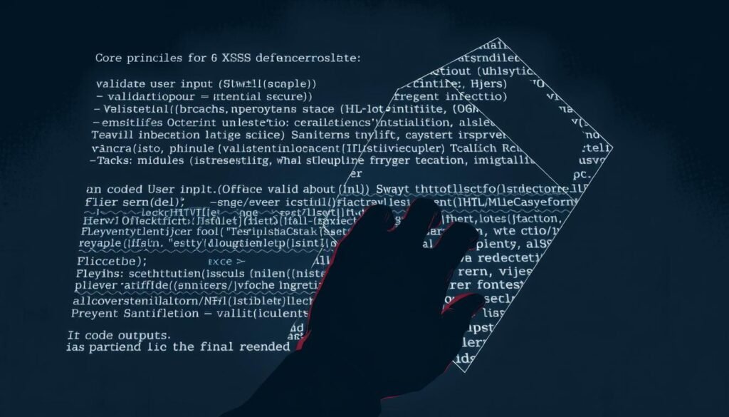 A digital illustration depicting the core principles of XSS defense philosophy. In the foreground, a developer's hand carefully validating user input, scrutinizing for potential vulnerabilities. In the middle ground, lines of clean, secure code representing the process of encoding outputs to prevent script injection. In the background, an abstract geometric shape made of HTML tags, symbolizing the importance of properly sanitizing and securing the final rendered content. The color palette is muted, evoking a sense of thoughtfulness and technical precision. Dramatic lighting casts dramatic shadows, emphasizing the high-stakes nature of this cybersecurity challenge. The overall mood is one of focus, diligence, and a commitment to safeguarding the digital landscape. A digital illustration depicting the core principles of XSS defense philosophy. In the foreground, a developer's hand carefully validating user input, scrutinizing for potential vulnerabilities. In the middle ground, lines of clean, secure code representing the process of encoding outputs to prevent script injection. In the background, an abstract geometric shape made of HTML tags, symbolizing the importance of properly sanitizing and securing the final rendered content. The color palette is muted, evoking a sense of thoughtfulness and technical precision. Dramatic lighting casts dramatic shadows, emphasizing the high-stakes nature of this cybersecurity challenge. The overall mood is one of focus, diligence, and a commitment to safeguarding the digital landscape.