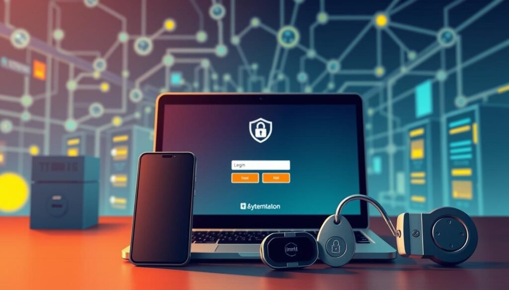 A digital illustration showcasing two-factor authentication methods. In the foreground, a smartphone and a hardware security key stand prominently, representing mobile app-based and physical token-based authentication. The middle ground features a laptop screen displaying a two-step login process, emphasizing the seamless integration of these secure access controls. In the background, a stylized network of connected devices and servers conveys the broader context of modern cybersecurity measures. The lighting is crisp and the composition is balanced, drawing the viewer's attention to the core authentication elements. The overall mood is one of technological sophistication and robust protection for digital assets.