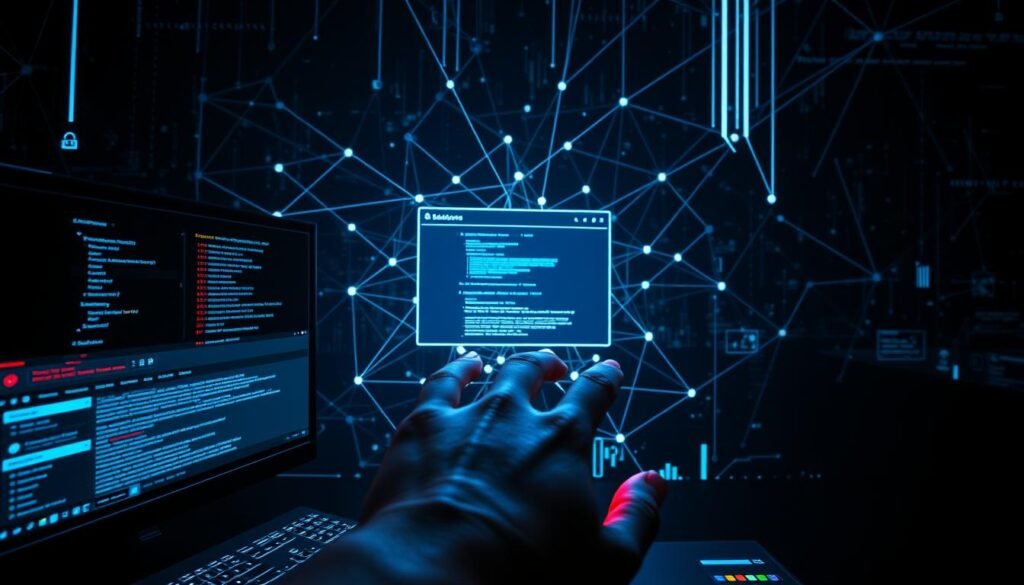 A digital landscape depicting the contrast between clickjacking and CSRF. In the foreground, a hand reaching towards a computer screen, representing the user being tricked into clicking on a hidden element in a clickjacking attack. In the middle ground, a series of intersecting web pages and network connections, symbolizing the cross-site request forgery technique. The background features a abstract cybersecurity motif, with lines and shapes evoking the technical nature of these vulnerabilities. Moody lighting casts dramatic shadows, heightening the sense of tension and risk. The scene conveys the key differences in attack vectors and defenses that shape an organization's cybersecurity strategy.