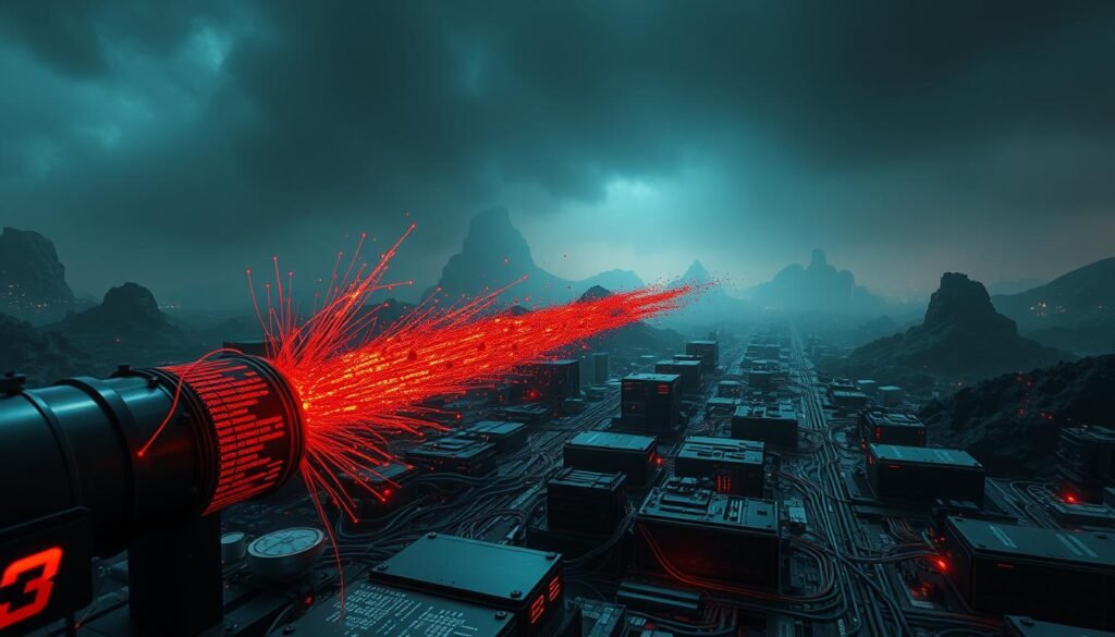 A digital landscape, where the foundation of software integrity is under siege. In the foreground, a corrupted pipeline spews out flawed code, symbolizing the threat of unverified updates. In the middle ground, data structures lay bare, their integrity compromised by the intrusion. The background casts an ominous hue, a testament to the gravity of the situation. Harsh, directional lighting highlights the sharp edges of digital components, creating a sense of tension and fragility. The composition conveys the vulnerability of software systems when updates are not properly validated, leaving critical systems exposed to security risks.