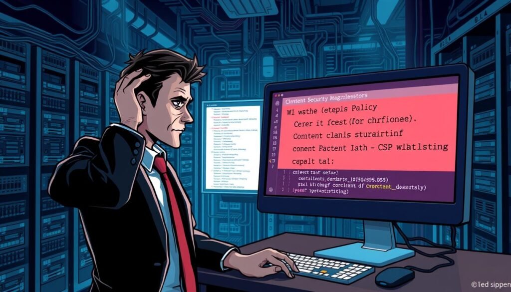 A digital meme illustration depicting a humorous take on the challenges of Content Security Policy (CSP) implementation, specifically the issue of Content Delivery Network (CDN) whitelisting. The scene features a cybersecurity professional, dressed in a suit and tie, scratching their head in frustration while staring at a computer screen displaying a complex CSP configuration. In the background, a maze-like network of servers and cables represents the complexity of managing approved content sources. The lighting is moody, with a mix of cool tones and highlights, conveying the technical and administrative challenges of this task. The overall tone is one of comedic exasperation, capturing the common experience of developers grappling with the nuances of effective CSP deployment.