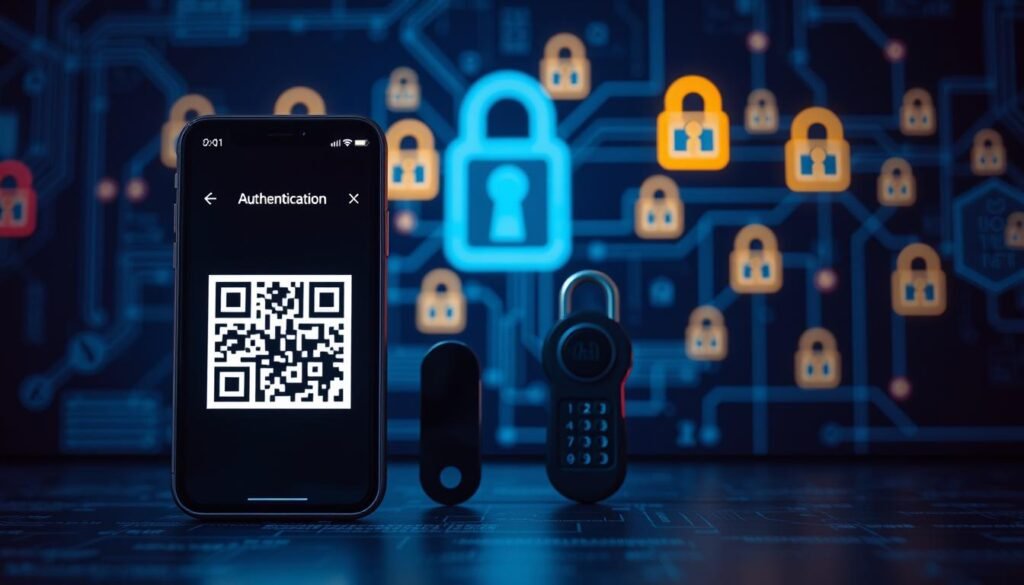 A digital security blueprint showcasing multiple two-factor authentication methods. In the foreground, a smartphone screen displays a QR code and numeric keypad for authenticating access. In the middle ground, a hardware security key and authentication app are prominently featured. The background depicts a network diagram with lock icons, representing secure system access across platforms. The scene is illuminated by a cool, technical light, emphasizing the digital nature of these 2FA solutions. The overall mood is one of robust, layered security for safeguarding sensitive information.
