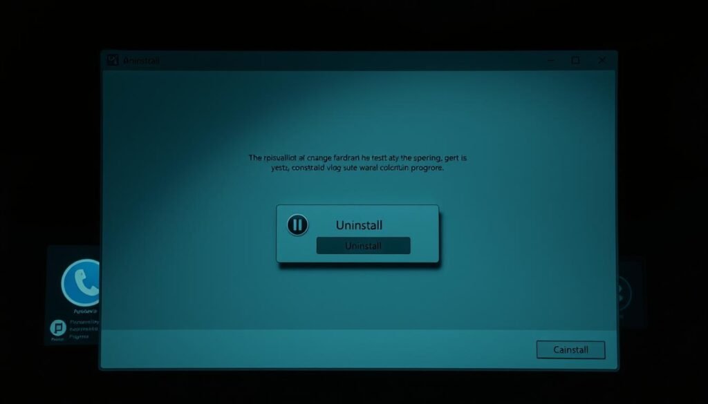 A dim, shadowy desktop background, with a foreground dominated by a large, deceptive-looking uninstall dialog box. The dialog features a misleading "Uninstall" button prominently displayed, surrounded by small print warning the user of potential consequences. In the middle ground, several suspicious-looking program icons, labeled as "PUPs" (Potentially Unwanted Programs), crowd the desktop, hinting at the user's predicament. Dramatic low-angle lighting casts ominous shadows, creating a sense of unease and the feeling of being trapped in a shady, manipulative digital landscape.