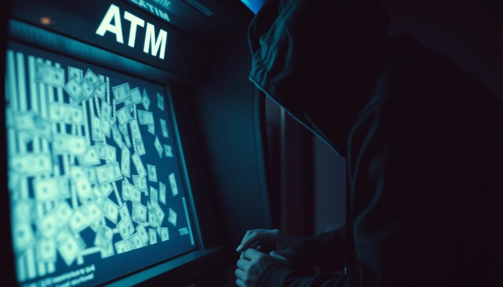 A dimly lit ATM booth, the screen displaying a cascading sequence of dollar bills, as if the machine has been hacked to dispense cash without authorization. In the foreground, a hooded figure leans intently over the ATM, fingers deftly manipulating the keypad. The scene is bathed in an eerie, bluish glow, creating an atmosphere of clandestine activity. The background is obscured, suggesting a secluded location, away from prying eyes. The image conveys the technical sophistication and illicit nature of ATM jackpotting, a growing threat that challenges the security of financial infrastructure in the United States.
