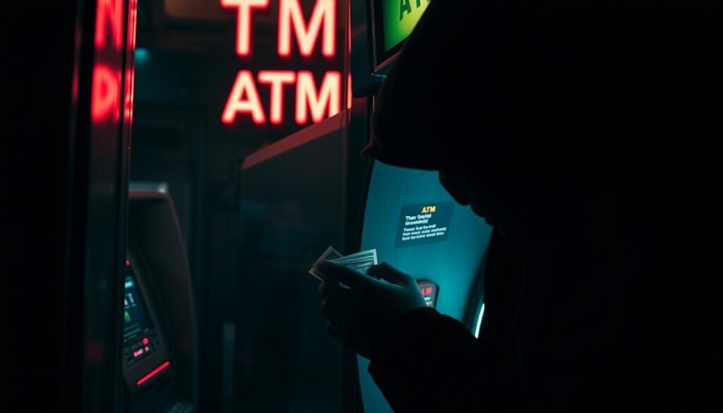 A dimly lit ATM vestibule, the shadows cast by neon signage lending an ominous atmosphere. In the foreground, a hacker's hands deftly manipulate the ATM's internals, extracting cash as if coaxing a jackpot. The machine's display flashes error messages, while the hacker's face remains obscured, shrouded in the anonymity of the crime. In the background, a sense of unease lingers, hinting at the far-reaching consequences of this "jackpotting" attack on the banking infrastructure and unsuspecting victims.