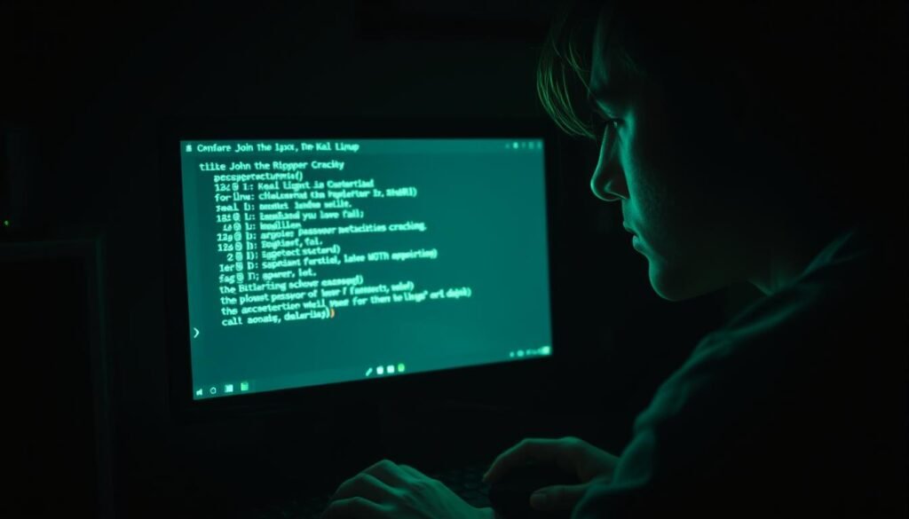 A dimly lit Kali Linux terminal, its green-and-black interface casting an eerie glow on the user's face. The screen displays a command prompt, ready to accept instructions for the powerful John the Ripper password cracking tool. The scene is set in a dark, moody atmosphere, with subtle ambient lighting illuminating the user's focused expression. The keyboard and mouse are visible, conveying a sense of hands-on, technical interaction. The overall composition emphasizes the technical nature of the task at hand, inviting the viewer to imagine themselves delving into the depths of Kali Linux and its security-focused utilities.