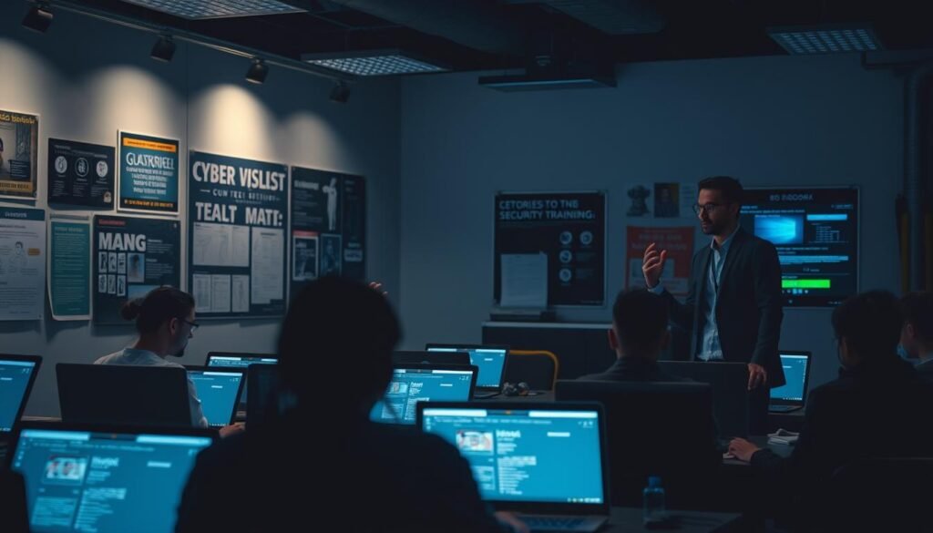 A dimly lit classroom setting, the walls adorned with cybersecurity posters and displays. In the foreground, a group of employees intently focused on their laptop screens, immersed in a hands-on training session. The instructor, standing at the front of the room, gestures animatedly, guiding them through the complexities of password management and security best practices. Soft, directional lighting casts shadows, emphasizing the concentration on the participants' faces. The overall atmosphere conveys a sense of seriousness and dedication to improving the company's IT infrastructure and password policies.