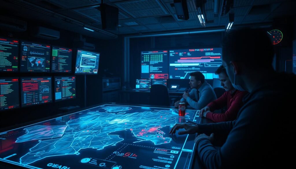 A dimly lit command center, the glow of multiple screens illuminating the faces of strategists and analysts as they pore over tactical data. In the foreground, a holographic map displays the movement of digital adversaries, their positions and actions visualized in real-time. The atmosphere is tense, with a sense of impending conflict as the blue and red teams clash, each employing a diverse arsenal of detection tools and countermeasures. The lighting is dramatic, casting deep shadows and highlighting the concentration on the faces of the participants. The camera angle is slightly elevated, providing an overview of the unfolding scenario, conveying the complexity and high stakes of the cyber warfare landscape. A dimly lit command center, the glow of multiple screens illuminating the faces of strategists and analysts as they pore over tactical data. In the foreground, a holographic map displays the movement of digital adversaries, their positions and actions visualized in real-time. The atmosphere is tense, with a sense of impending conflict as the blue and red teams clash, each employing a diverse arsenal of detection tools and countermeasures. The lighting is dramatic, casting deep shadows and highlighting the concentration on the faces of the participants. The camera angle is slightly elevated, providing an overview of the unfolding scenario, conveying the complexity and high stakes of the cyber warfare landscape.