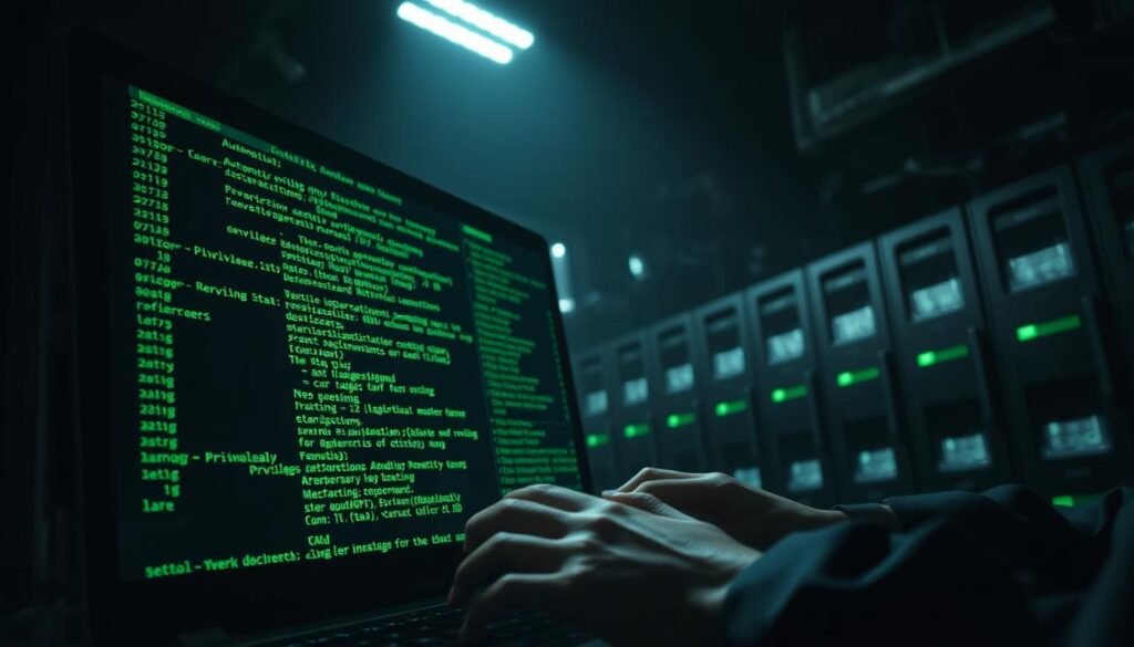A dimly lit command line interface, its flickering green text casting an eerie glow across the scene. In the foreground, a skilled hacker's hands deftly navigate a terminal, automating a series of sophisticated privilege escalation commands. The background fades into a shadowy network of interconnected servers, hinting at the broader scope of the system being compromised. Dramatic lighting from above casts sharp contrasts, emphasizing the intense focus and technical precision required for this delicate operation. The overall atmosphere is one of calculated precision, underscoring the systematic and methodical nature of this privilege escalation process.
