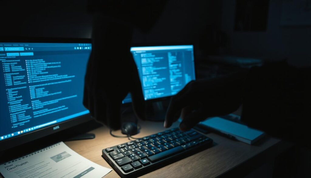 A dimly lit computer desk, its surface scattered with suspicious-looking browser tabs, network logs, and a half-open laptop. In the foreground, a shadowy figure's hands hover over the keyboard, fingers poised to strike. The room is bathed in an eerie glow, as if the only light source is the screen's blue-tinged reflection. A sense of unease permeates the scene, hinting at the potential for malicious activity. The image conveys the unsettling feeling of being watched, of unseen threats lurking in the digital realm.