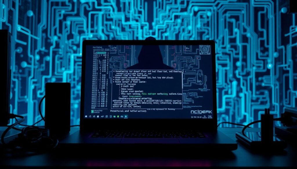 A dimly lit computer desk with various cybersecurity threat vectors illustrated. In the foreground, a laptop screen displaying a keylogger interface, surrounded by network cables, USB drives, and mobile devices - potential infection vectors. In the middle ground, a shadowy figure hovers, symbolizing the attacker. The background features a maze of digital pathways, depicting the complex and interconnected nature of modern cyber threats. The scene is illuminated by an eerie blue-green glow, creating a sense of unease and vulnerability. Technical details such as depth of field, high contrast, and a cinematic camera angle enhance the ominous atmosphere.