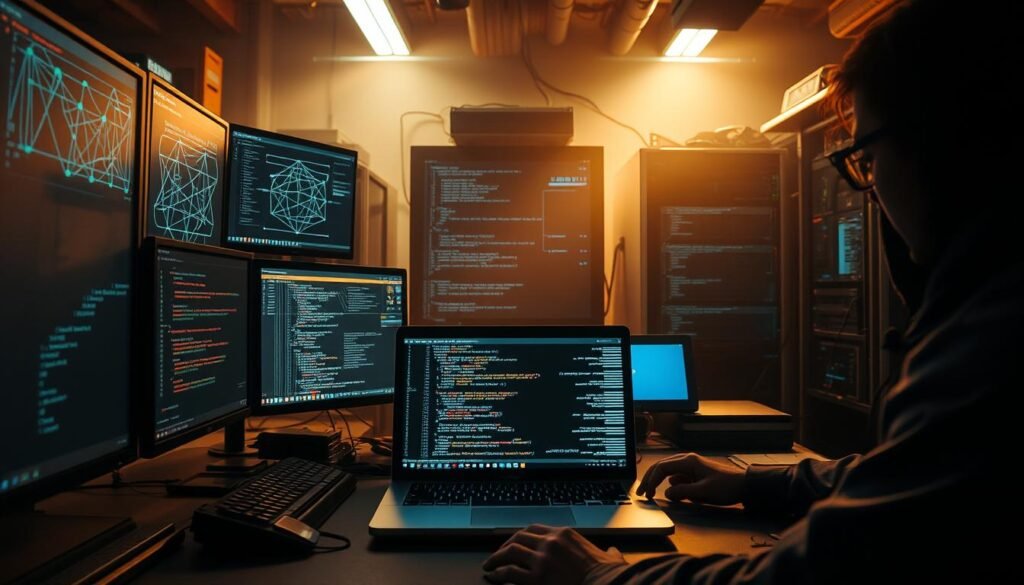 A dimly lit computer lab, the air thick with the hum of hardware. In the foreground, a penetration tester's workspace: multiple screens displaying intricate network diagrams, lines of code scrolling rapidly, and an array of specialized tools. Centrally positioned, a powerful laptop, the gateway to a simulated network, awaits the tester's skilled command. Surrounding this focal point, the background subtly fades, highlighting the tester's intense focus and determination. Dramatic shadows and highlights create a sense of depth and intensity, conveying the gravity of the ethical hacking process. The overall scene evokes a mood of strategic precision, technical mastery, and the pursuit of cybersecurity enlightenment.