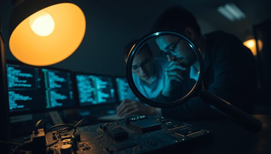 A dimly lit computer lab, the glow of screens illuminating the faces of researchers intently studying lines of code. In the foreground, a magnifying glass hovers over a circuit board, revealing the intricate web of components that make up the malware's foundations. Shadows cast by desk lamps create a sense of focus and intensity, as the team works to unravel the inner workings of the digital threat. The background is hazy, with a sense of mystery and the unknown, highlighting the importance of this foundational reverse engineering work in understanding and combating modern malware.