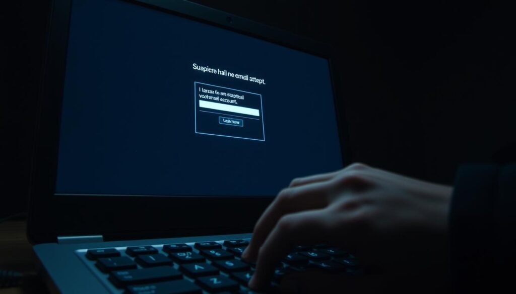 A dimly lit computer screen displaying a suspicious login attempt on a hacked email account. In the foreground, a hand tentatively hovers over the keyboard, hesitating. The background is shrouded in shadows, conveying a sense of unease and vulnerability. The scene is captured with a cinematic, low-angle perspective, emphasizing the intruder's perspective and the violation of privacy. The lighting is dramatic, casting sharp shadows and highlighting the tension of the moment. This image reflects the risks and warning signs of a compromised email account, setting the stage for the step-by-step guide to reclaim it.