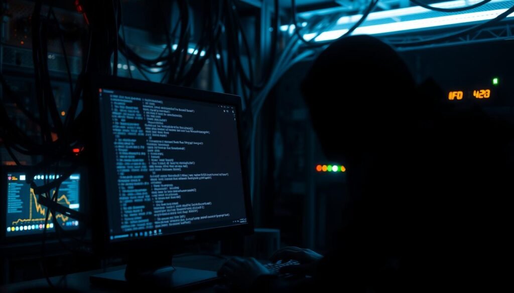 A dimly lit computer screen displaying lines of code, the cursor blinking ominously. In the foreground, a shadowy figure hunched over the keyboard, their face obscured by the screen's glow. The background is a maze of network cables, servers, and flickering status lights, conveying a sense of complexity and hidden vulnerabilities. The lighting is dramatic, with deep shadows and highlights that emphasize the clandestine nature of the scene. The overall atmosphere is one of tension and foreboding, reflecting the stealthy and potentially dangerous nature of blind command injection techniques.