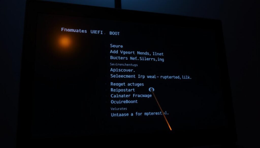 A dimly lit computer screen displaying the UEFI firmware interface, showcasing the secure boot options. The screen is backlit by a soft, warm glow, casting a subtle, authoritative ambiance. In the foreground, a silver, metallic cursor hovers over the "Secure Boot" toggle, highlighting its significance. The middle ground features the various UEFI configuration menus, their text and icons clearly visible, conveying a sense of control and security. The background is a muted, gray-toned environment, emphasizing the importance of the task at hand. The overall scene evokes a sense of seriousness and diligence, perfectly suited for an article on enabling secure boot to protect against malware.