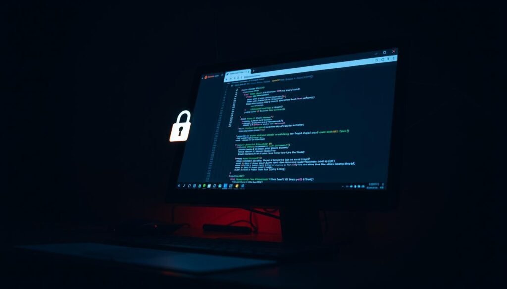 A dimly lit computer screen showcases a web browser interface, its interface elements casting a soft glow. In the foreground, a subtle padlock icon symbolizes secure connectivity, while the browser window displays a series of complex code snippets and security-themed graphics. In the middle ground, a desktop surface reflects the screen's illumination, conveying a sense of depth and atmosphere. The background features a shadowy, abstract pattern evocative of network infrastructure, hinting at the broader digital landscape in which this browser security scenario is set. Warm, muted tones and dramatic chiaroscuro lighting create an air of seriousness and technical sophistication, befitting the subject matter.