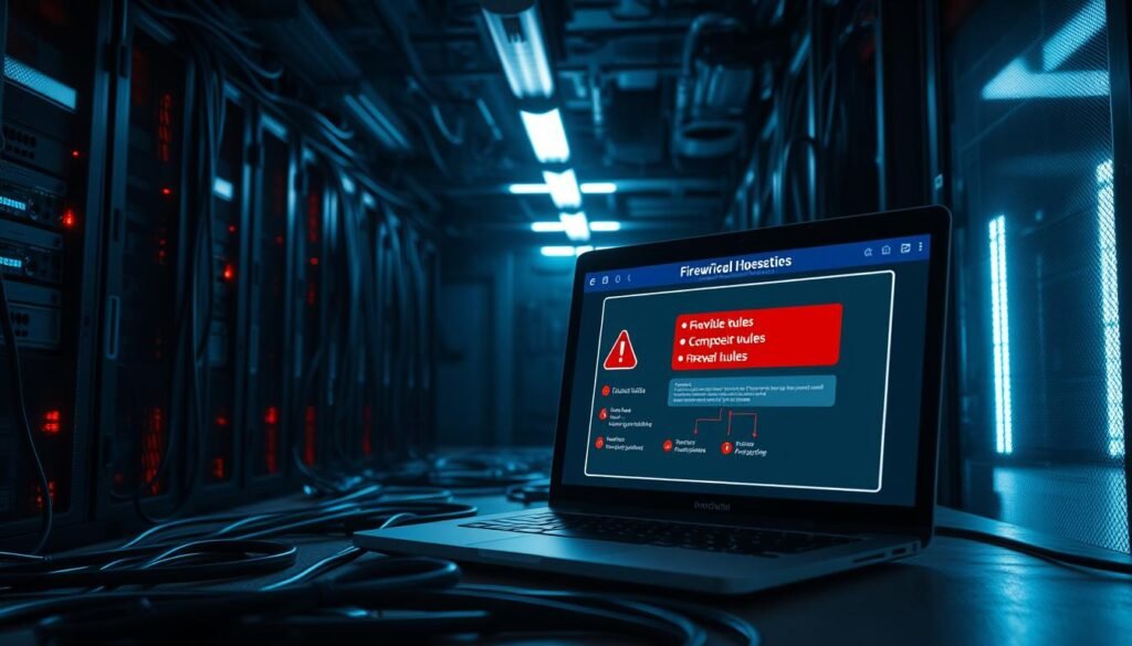 A dimly lit computer server room, cables snaking across the floor, casting ominous shadows. In the foreground, a laptop screen displays a network diagram with red warning flags, indicating compromised firewall rules. The air is heavy with a sense of impending danger, as if the vulnerabilities could be exploited at any moment. Harsh fluorescent lights shine down, creating a tense, high-contrast atmosphere. The scene conveys the gravity of firewall misconfigurations, highlighting the very real business risks they pose in today's interconnected digital landscape.
