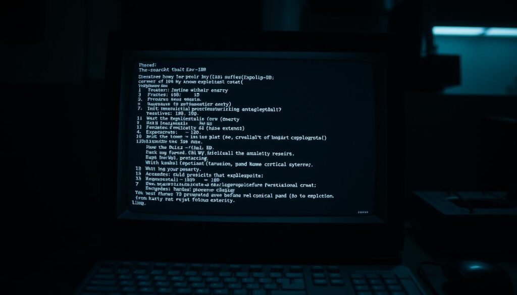 A dimly lit computer terminal, the glow of a cathode-ray tube monitor casting a soft, eerie light across the desk. On the screen, the text-based interface of "searchsploit" - a command-line tool for searching Exploit-DB, the comprehensive database of known software vulnerabilities. The cursor blinks, waiting for the user's input, hinting at the potential discovery of a critical exploit that could compromise the security of a crucial system. The atmosphere is one of focus, tension, and the pursuit of digital forensic evidence to address a pressing cybersecurity concern. A dimly lit computer terminal, the glow of a cathode-ray tube monitor casting a soft, eerie light across the desk. On the screen, the text-based interface of "searchsploit" - a command-line tool for searching Exploit-DB, the comprehensive database of known software vulnerabilities. The cursor blinks, waiting for the user's input, hinting at the potential discovery of a critical exploit that could compromise the security of a crucial system. The atmosphere is one of focus, tension, and the pursuit of digital forensic evidence to address a pressing cybersecurity concern.