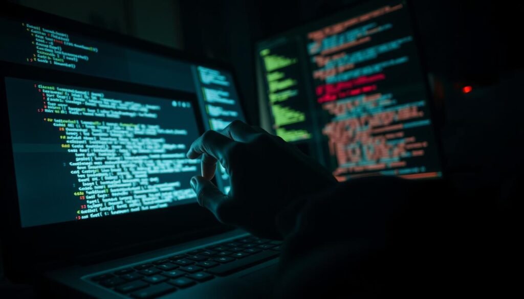 A dimly lit computer terminal, the glow of the screen casting eerie shadows across the desk. On the screen, lines of code and cryptic commands dance across the display, a symphony of exploitation. In the foreground, a hand hovers over the keyboard, fingers poised to strike, ready to inject malicious SQL statements or execute system-level commands. The scene exudes an atmosphere of tension and foreboding, as the user delves deeper into the web application's vulnerabilities, seeking to uncover and manipulate its weaknesses. The image captures the essence of the "Injection in practice: from SQLi to OS commands" section, where the true power and danger of injection attacks are brought to life.