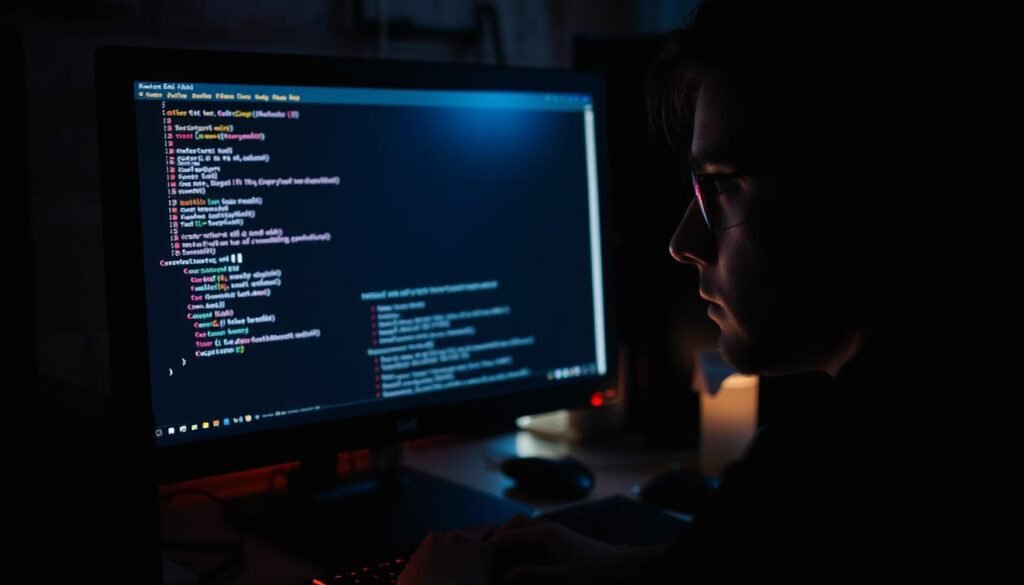 A dimly lit computer workstation, the glow of a Kali Linux terminal illuminating the scene. On the screen, the SearchSploit application is open, its command-line interface displaying a list of exploits, the cursor poised to navigate the database. The room is hushed, an air of focused concentration as the user delves into the repository of vulnerabilities, searching for the one that might hold the key to understanding the newly disclosed flaw. The monitor casts a cool, technical light, reflecting off the user's face, determination etched in their features. The surrounding environment is sparse, a functional workspace devoid of distractions, the only sounds the quiet hum of the computer and the occasional tap of the keyboard. A dimly lit computer workstation, the glow of a Kali Linux terminal illuminating the scene. On the screen, the SearchSploit application is open, its command-line interface displaying a list of exploits, the cursor poised to navigate the database. The room is hushed, an air of focused concentration as the user delves into the repository of vulnerabilities, searching for the one that might hold the key to understanding the newly disclosed flaw. The monitor casts a cool, technical light, reflecting off the user's face, determination etched in their features. The surrounding environment is sparse, a functional workspace devoid of distractions, the only sounds the quiet hum of the computer and the occasional tap of the keyboard.