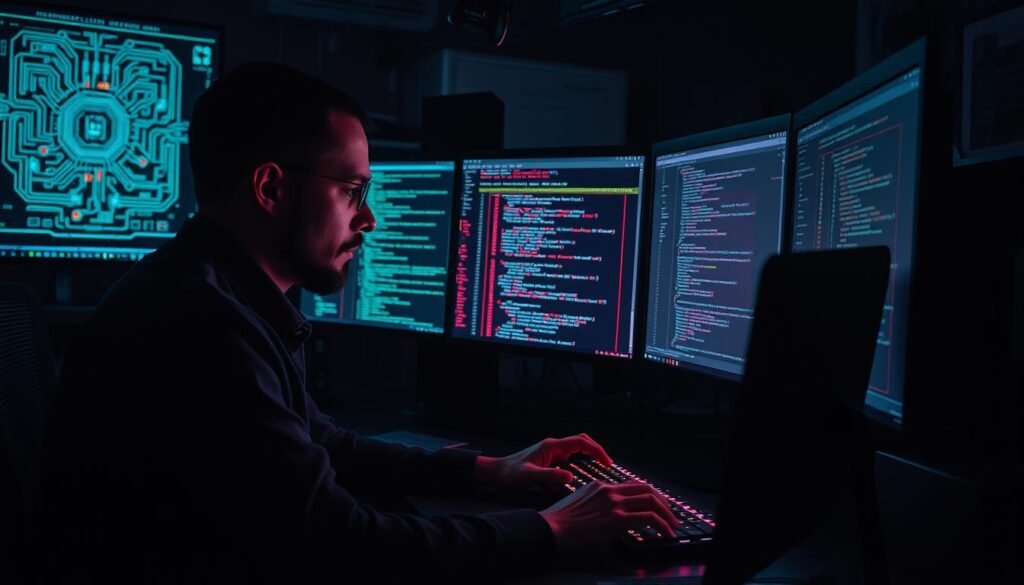 A dimly lit computer workstation, the glow of multiple screens casting an eerie light on the face of a cyber-analyst deeply engrossed in the process of reverse engineering a complex malware sample. Intricately detailed circuit diagrams, disassembled code, and a tangle of virtual debugger windows fill the screens, while the analyst meticulously examines each line, searching for vulnerabilities and hidden functionality. The atmosphere is one of intense focus and determination, as the analyst delves into the inner workings of the malicious software, uncovering its secrets and devising countermeasures. The scene conveys the thrill and challenge of unraveling the mysteries of malware, a crucial step in the ongoing battle against cybercrime.