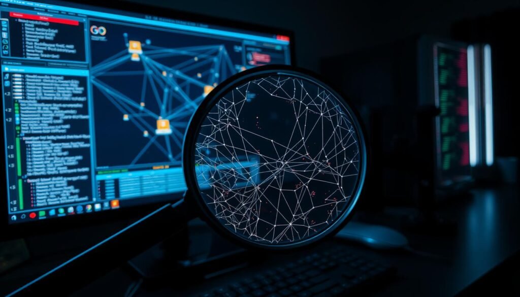 A dimly lit computer workstation, the screen displaying a network diagram highlighting unusual activity and suspicious connections. In the foreground, a magnifying glass hovers over the display, revealing intricate patterns and anomalies suggestive of a botnet infection. The desk surface is cluttered with security tools and cables, creating a sense of investigative urgency. The lighting is intentionally moody, casting dramatic shadows and highlighting the technical details. The overall atmosphere conveys the challenge of detecting and responding to the stealthy and pervasive nature of botnet threats. A dimly lit computer workstation, the screen displaying a network diagram highlighting unusual activity and suspicious connections. In the foreground, a magnifying glass hovers over the display, revealing intricate patterns and anomalies suggestive of a botnet infection. The desk surface is cluttered with security tools and cables, creating a sense of investigative urgency. The lighting is intentionally moody, casting dramatic shadows and highlighting the technical details. The overall atmosphere conveys the challenge of detecting and responding to the stealthy and pervasive nature of botnet threats.