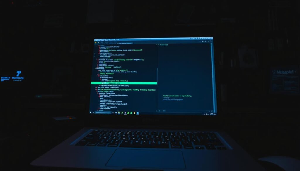 A dimly lit computer workstation with a laptop screen displaying the Metasploit console. The laptop's keyboard and trackpad are in the foreground, illuminated by the soft glow of the screen. In the background, various cybersecurity tools and hardware are visible, hinting at the user's technical expertise. The overall atmosphere is one of focus and seriousness, conveying the importance of the task at hand - installing and familiarizing oneself with the Metasploit framework, a crucial step in the journey of ethical hacking. A dimly lit computer workstation with a laptop screen displaying the Metasploit console. The laptop's keyboard and trackpad are in the foreground, illuminated by the soft glow of the screen. In the background, various cybersecurity tools and hardware are visible, hinting at the user's technical expertise. The overall atmosphere is one of focus and seriousness, conveying the importance of the task at hand - installing and familiarizing oneself with the Metasploit framework, a crucial step in the journey of ethical hacking.