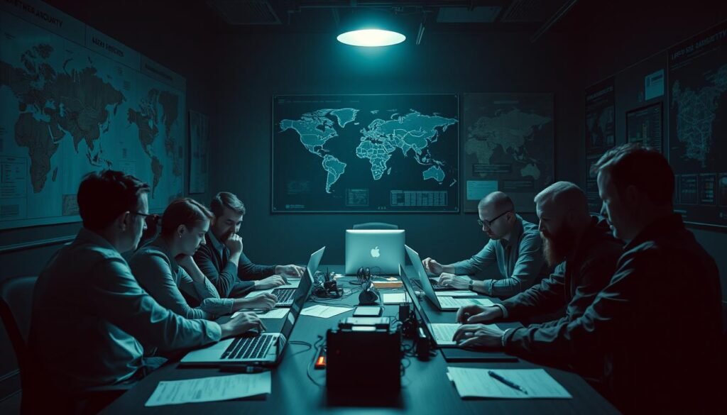 A dimly lit conference room, the walls adorned with tactical maps and diagrams. At the center, a team of cybersecurity experts huddles around a table, analyzing data and exchanging insights. Sleek laptops and secure communication devices fill the scene, creating an atmosphere of focused intensity. Overhead, a single spotlight casts a warm glow, highlighting the team's expressions as they pore over their findings. The room's mood is one of concentration and determination, as the red team prepares to deliver their report – a roadmap for improving the organization's security posture.