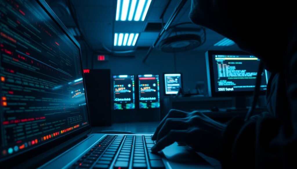 A dimly lit corporate office, the glow of computer screens casting an eerie light. In the foreground, a hacker's hand types furiously, breaching a network's defenses. Servers in the middle ground flicker with activity, data streams flowing like digital blood. In the background, security alerts flash on monitors, a desperate attempt to contain the cyber incursion. The scene conveys a sense of urgency, the high stakes of an ongoing attack, and the vulnerability of even the most secure systems. Dramatic shadows and moody lighting heighten the tension, creating a visceral, cinematic representation of real-world cyber breaches. A dimly lit corporate office, the glow of computer screens casting an eerie light. In the foreground, a hacker's hand types furiously, breaching a network's defenses. Servers in the middle ground flicker with activity, data streams flowing like digital blood. In the background, security alerts flash on monitors, a desperate attempt to contain the cyber incursion. The scene conveys a sense of urgency, the high stakes of an ongoing attack, and the vulnerability of even the most secure systems. Dramatic shadows and moody lighting heighten the tension, creating a visceral, cinematic representation of real-world cyber breaches.